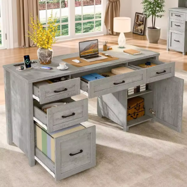 61'' Executive Office Desk with 5 Drawers, Computer Desk with Charging Station, File Drawers & Storage Cabinet, Home Office Desk