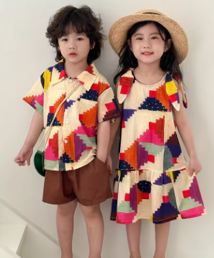 Vacation Style Children's Clothes Boys' Lapel Shirt Shorts 2pcs Girls' Colorful Print Sleeveless Dress Siblings Summer Outfit