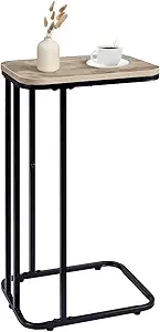 C Shaped End Table, 27 Inches High Small Side Table for Sofa and Bed, Couch Table That Slides Under, Tall Tv Tray Table for Living Room, Bedroom, Metal Frame, Greige & Black