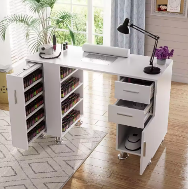 Desk with Dust Collector,Nail Table Station with 2 Dust Bag Wrist Rest,Salon Nail Supplies Workstation Drawers Storage Cabinets