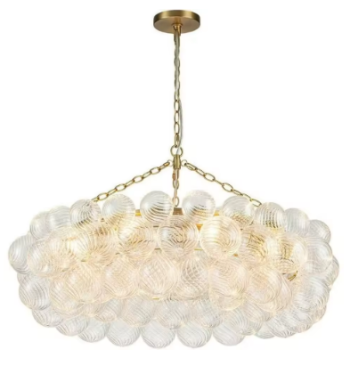 Chandelier Gold Bubble Ball Glass Chandelier Ring and Clear Ribbed Glass Globe Light Fixture 63Inch Dia Blown Glass Chandeliers