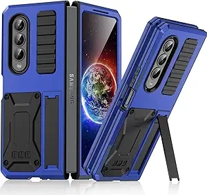 Samsung Z Fold 4 Metal Bumper Silicone Case with Stand Hybrid Military Shockproof Heavy Duty Rugged case Screen Protector Cover for Samsung Z Fold 4 (Blue)