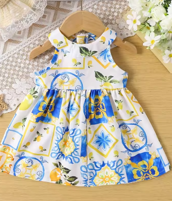 Baby girl summer full print round neck sleeveless pleated waistband dress