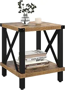 Large End Table Farmhouse Side Table Industrial Style Sofa Table Coffee Table Metal X Wood Accent End Table NightStand with Storage Shelf for Living Room Bedroom MLBZ16R