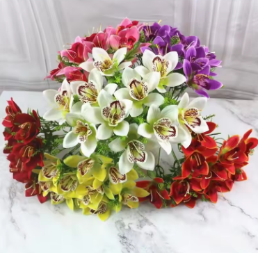 10Pcs/Bouquet Artificial Orchid Flore White Silk Fake Orchid Flower DIY Wedding Back Road Home Desk Vase Accessories Faux Flores