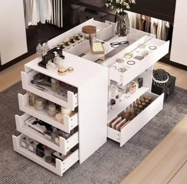 Display Cabinet Island, Walk in Closet Organizer with 7 Drawers and 2-Tier Shelf, Shop Display Case, Walk in Wardrobe Furniture