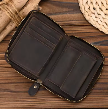Men Crazy horse Genuine Leather Coin Wallet Real Leather Snap Short Purse Women Coin Pocket Zip Around Small Trifold Pocket